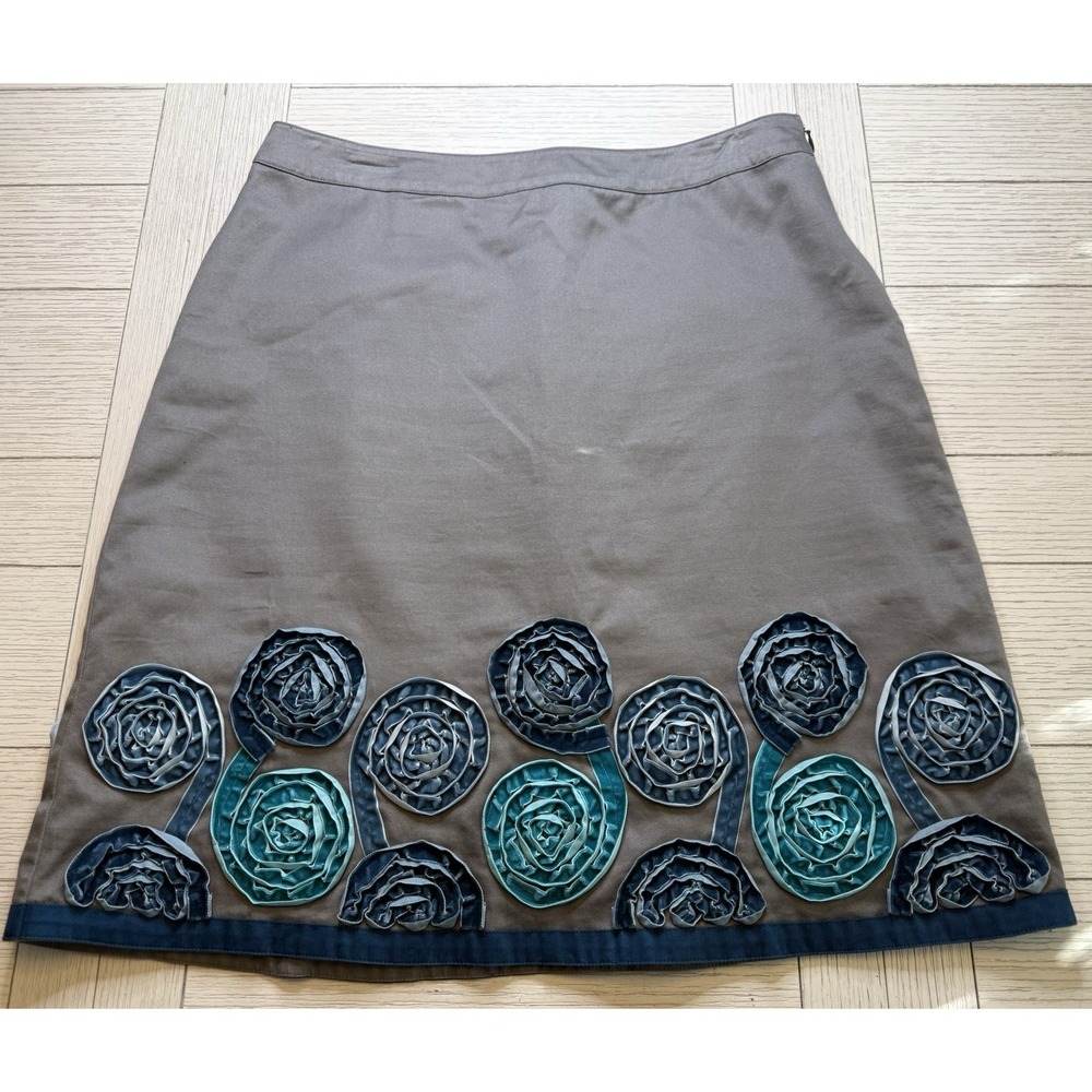 Boden Women A-Line Gray Knee Length Skirt Velvet Blue Flower Trim Boho Chic 10R